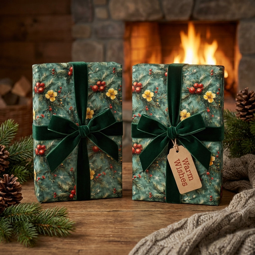Luxury Christmas wrapping paper with botanical pine print and velvet bows by a fireplace, from Wrapped Studios.