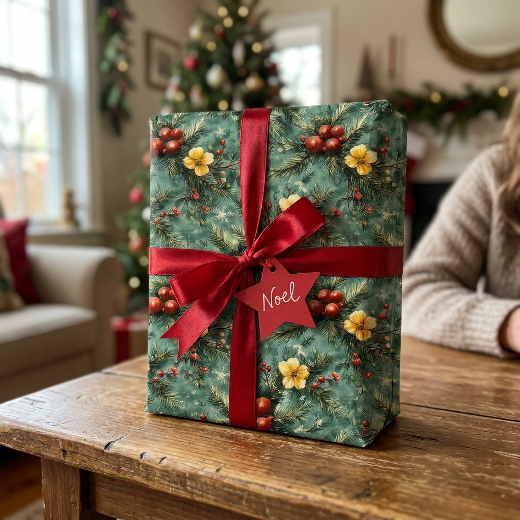 Botanical Christmas wrapping paper with a red ribbon on a holiday gift by Wrapped Studios.