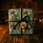 Rustic botanical Christmas wrapping paper on a holiday gift box with velvet ribbon by Wrapped Studios.