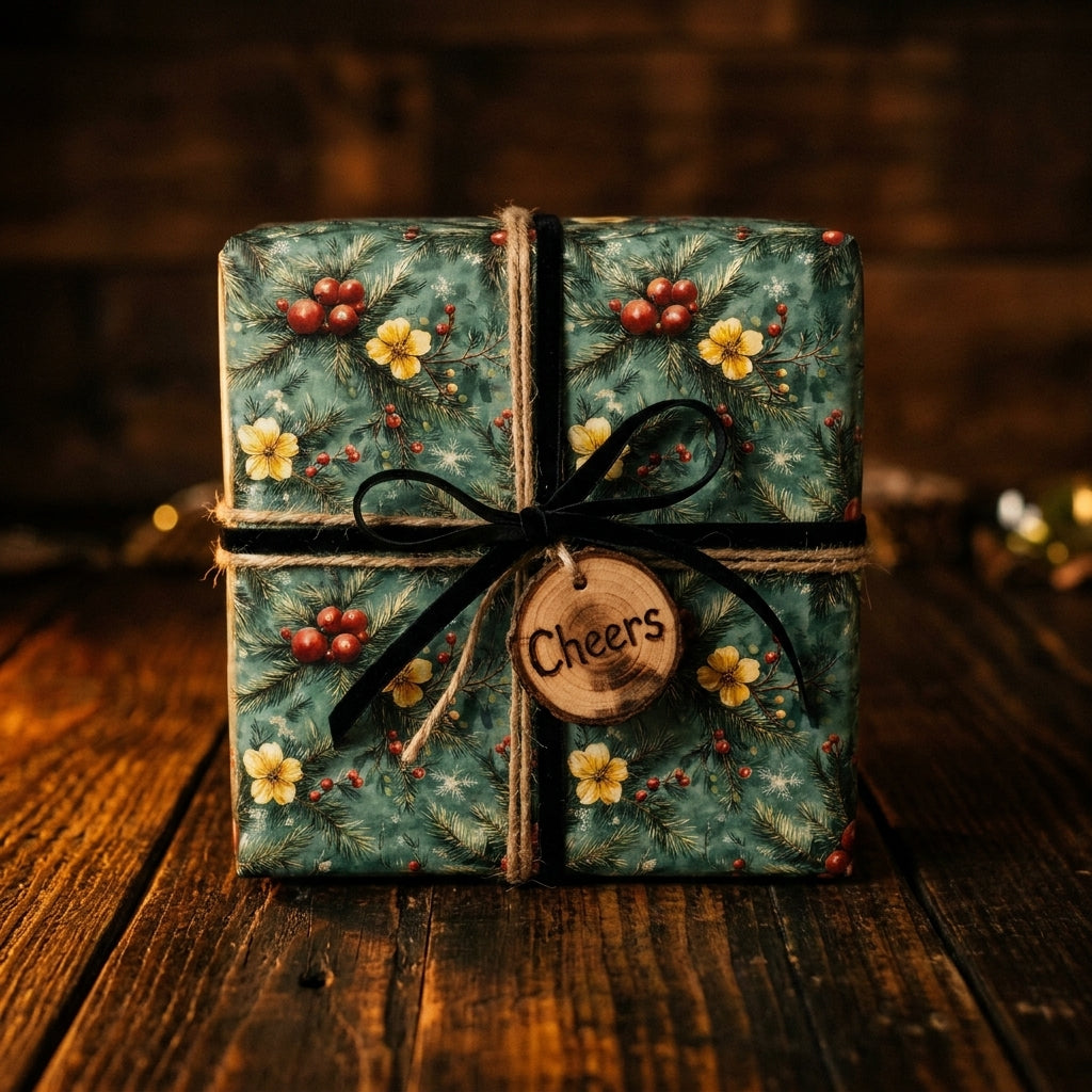 Rustic botanical Christmas wrapping paper on a holiday gift box with velvet ribbon by Wrapped Studios.