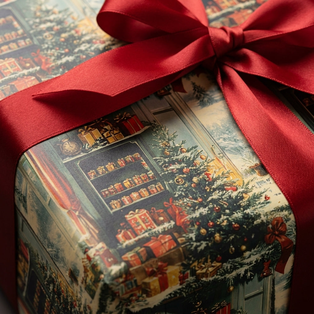 Nostalgic Christmas wrapping paper with a vintage toy shop scene and luxury red satin bow by Wrapped Studios.