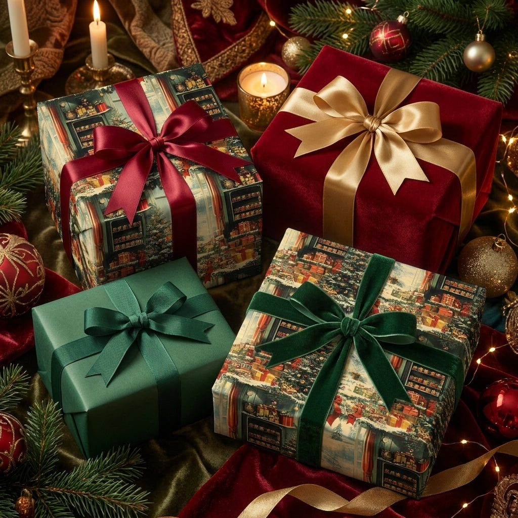 Vintage Christmas wrapping paper and luxury holiday gift wrap with velvet ribbons from Wrapped Studios.