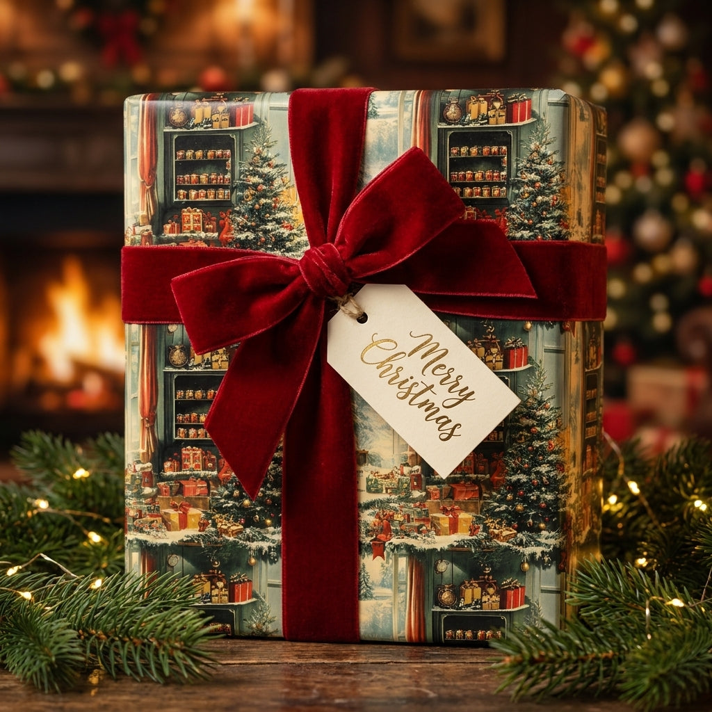 Vintage Christmas wrapping paper by Wrapped Studios with a luxury red velvet ribbon and Merry Christmas tag.
