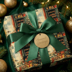 Luxury vintage Christmas wrapping paper with green satin bow and gold gift tag by Wrapped Studios.