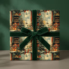Vintage Christmas wrapping paper featuring nostalgic holiday scenes and a green velvet bow, by Wrapped Studios.