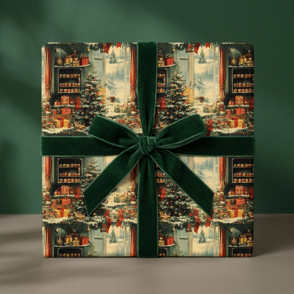 Vintage Christmas wrapping paper featuring nostalgic holiday scenes and a green velvet bow, by Wrapped Studios.