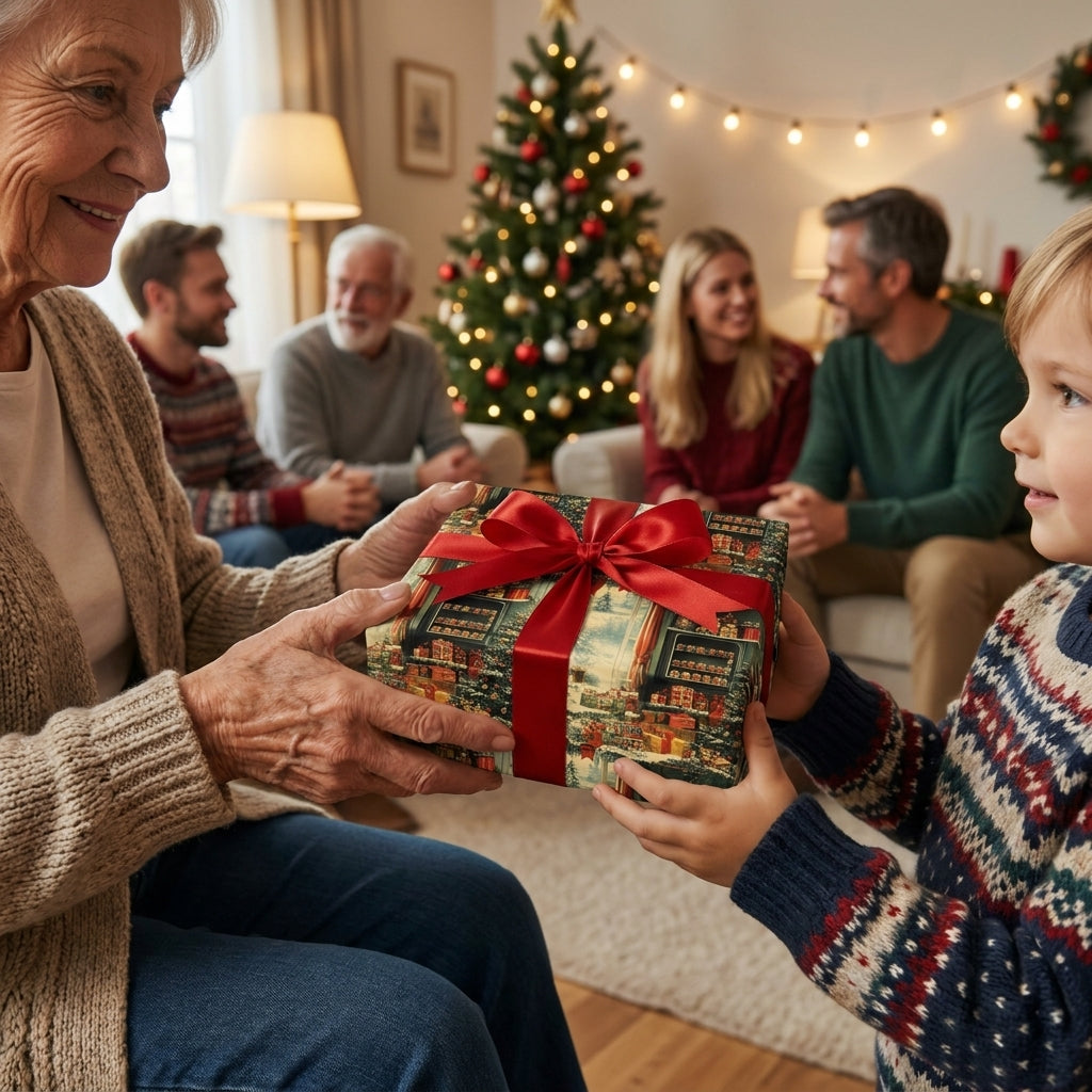 Grandmother giving gift in vintage Christmas wrapping paper with red bow by Wrapped Studios.