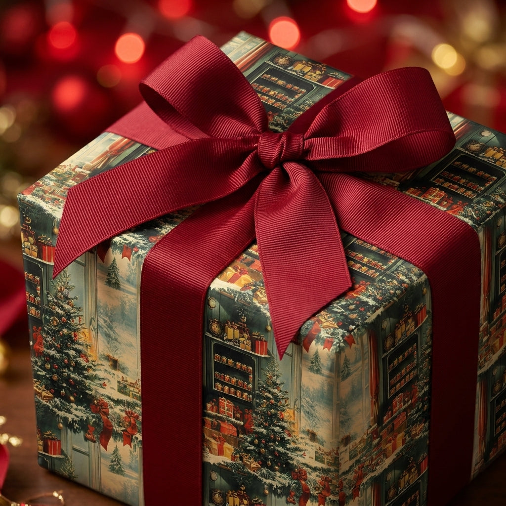 Luxury vintage Christmas gift wrap with a red ribbon bow on a holiday box by Wrapped Studios.