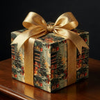 Luxury vintage Christmas wrapping paper with classic tree print and gold bow by Wrapped Studios.