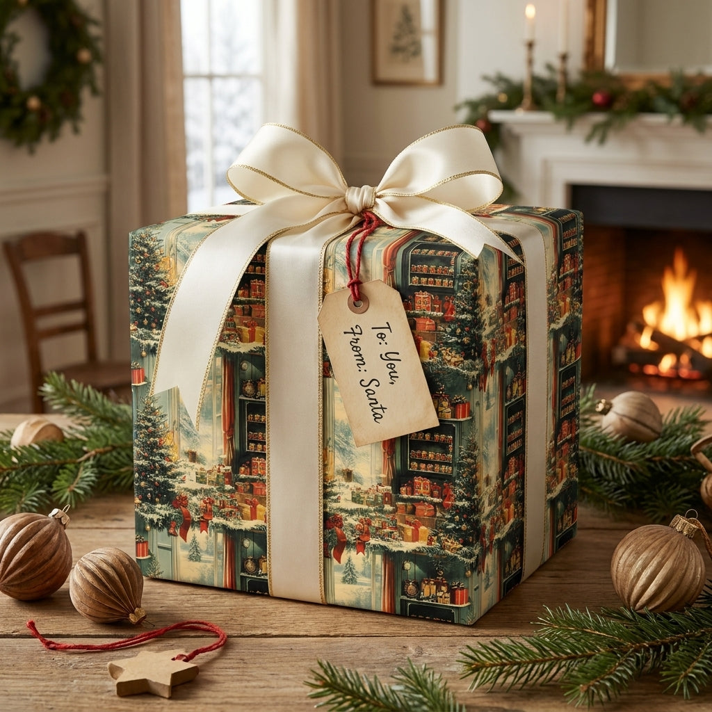 Vintage Christmas wrapping paper by Wrapped Studios on a gift box with a cream bow in a cozy holiday setting.