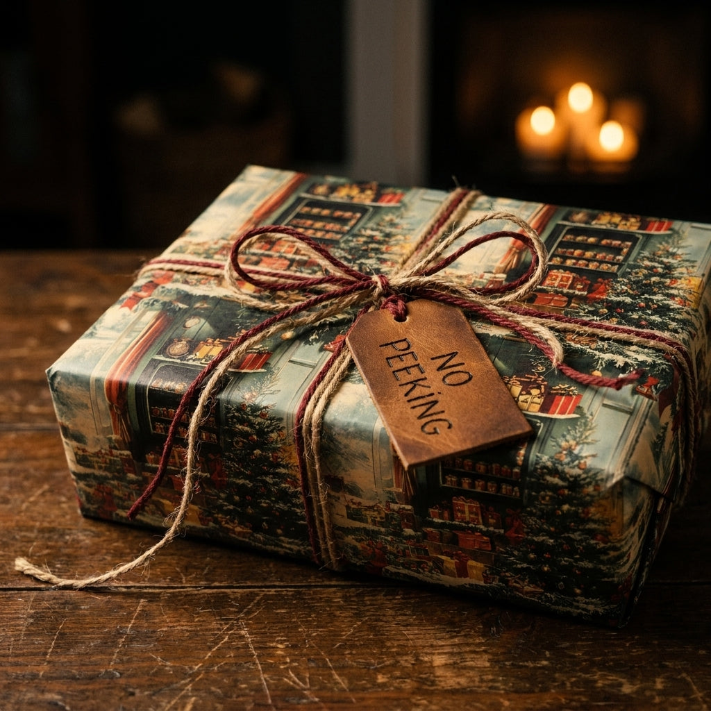 Vintage Christmas gift wrap with nostalgic holiday scene, twine bow, and No Peeking tag by Wrapped Studios.