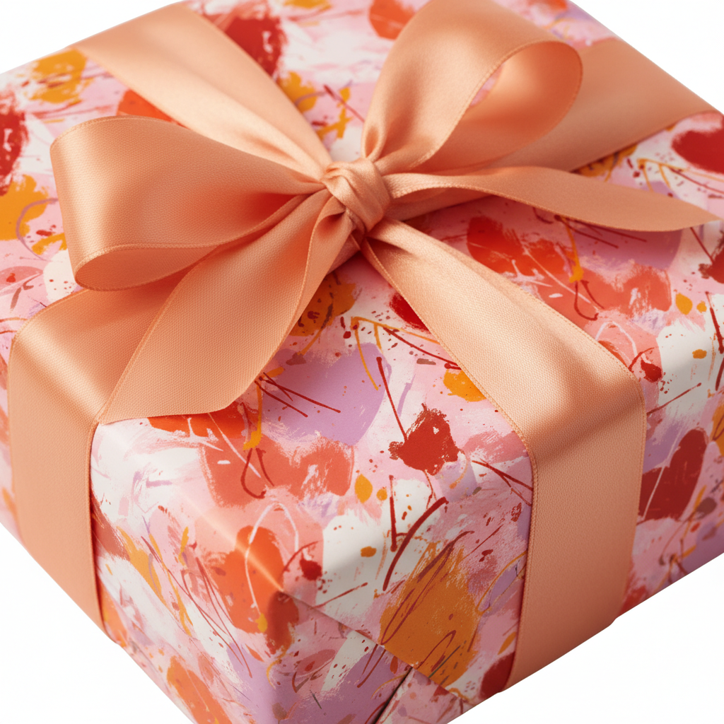Abstract watercolor wrapping paper with a modern pink and orange heart pattern, tied with a peach satin bow, perfect for Valentine's Day or birthday gifts.