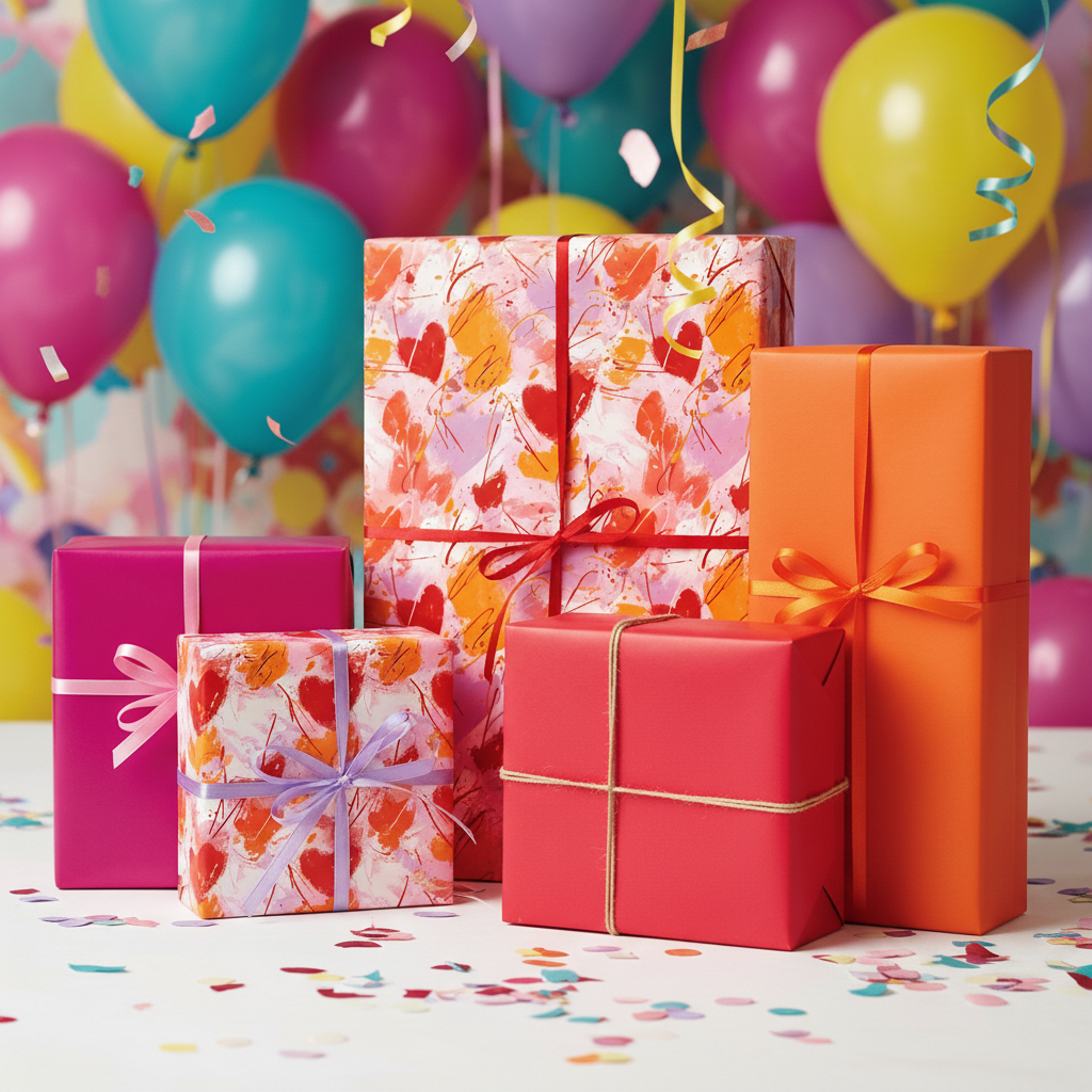 Vibrant abstract heart wrapping paper with colorful ribbons on various gift boxes, perfect for a fun birthday celebration.