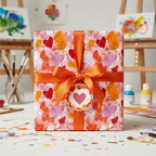 Modern abstract heart wrapping paper with a vibrant orange ribbon and gift tag, perfect for Valentine's Day or birthday gifts.