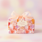 Abstract pink and orange watercolor wrapping paper with a sheer peach ribbon and "Heartfelt Wishes" gift tag, perfect for a modern birthday or baby shower.