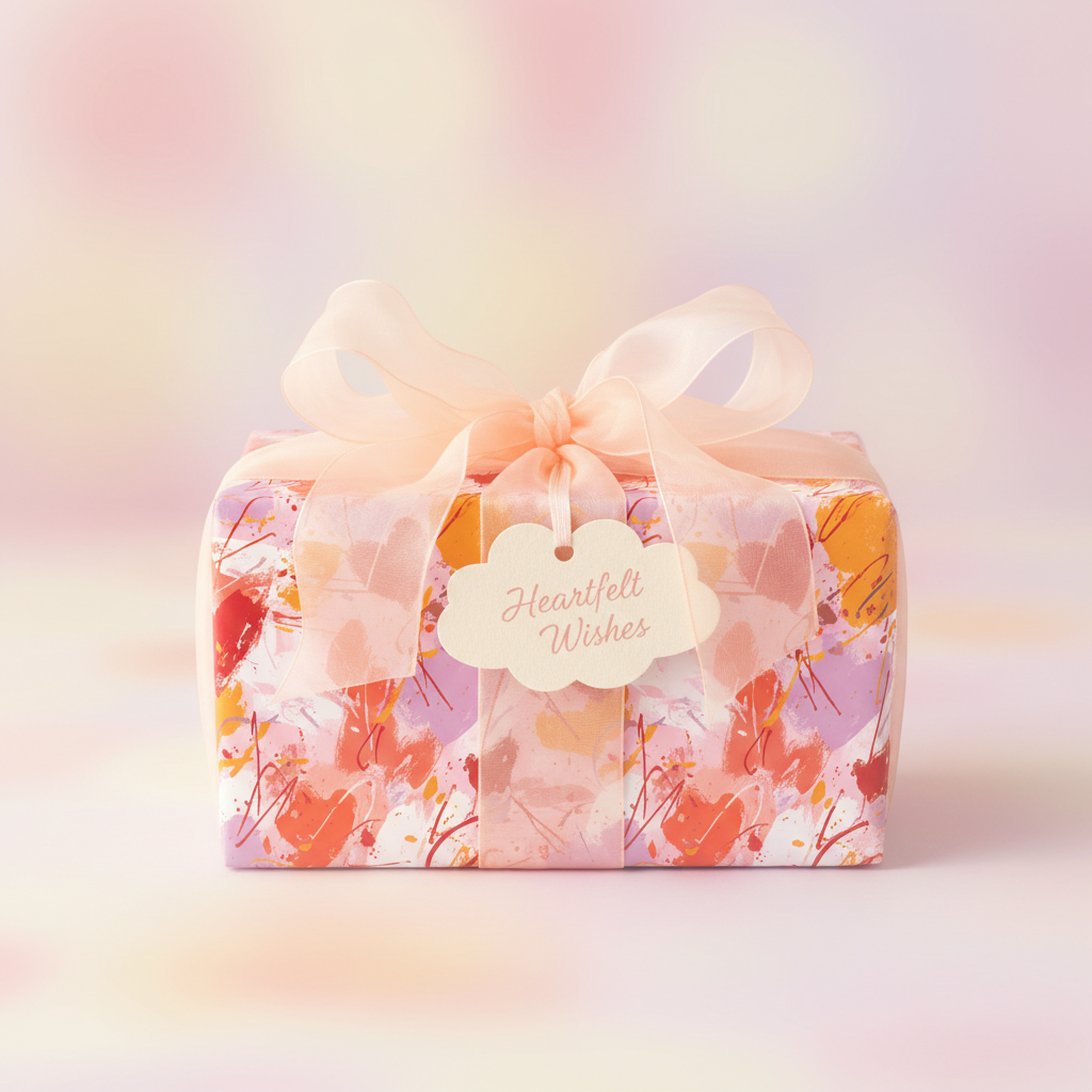 Abstract pink and orange watercolor wrapping paper with a sheer peach ribbon and "Heartfelt Wishes" gift tag, perfect for a modern birthday or baby shower.
