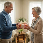 Happy senior man giving a birthday gift box with floral wrapping paper and a cream ribbon to a smiling woman.