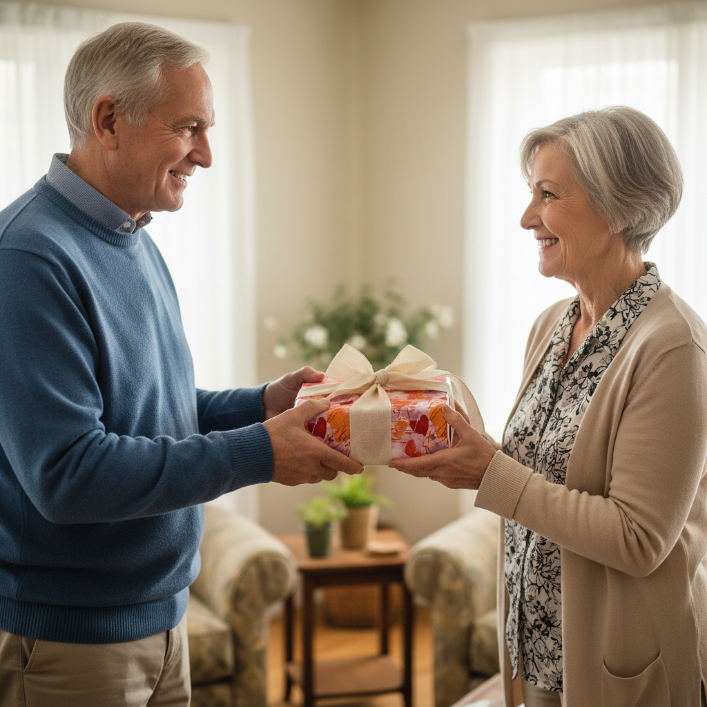 Happy senior man giving a birthday gift box with floral wrapping paper and a cream ribbon to a smiling woman.