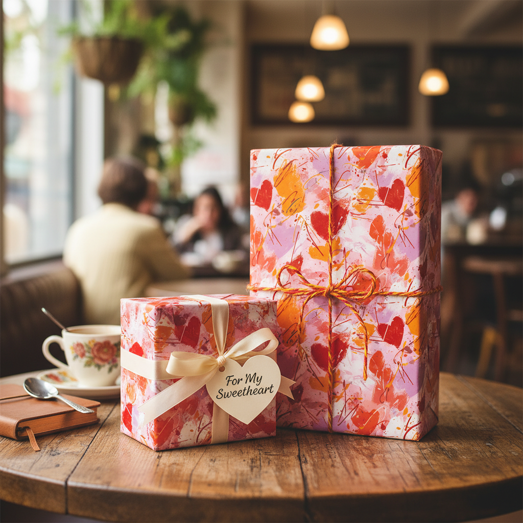 Abstract heart wrapping paper gifts with ribbon and "For My Sweetheart" tag on a wooden cafe table, ideal for Valentine's Day.