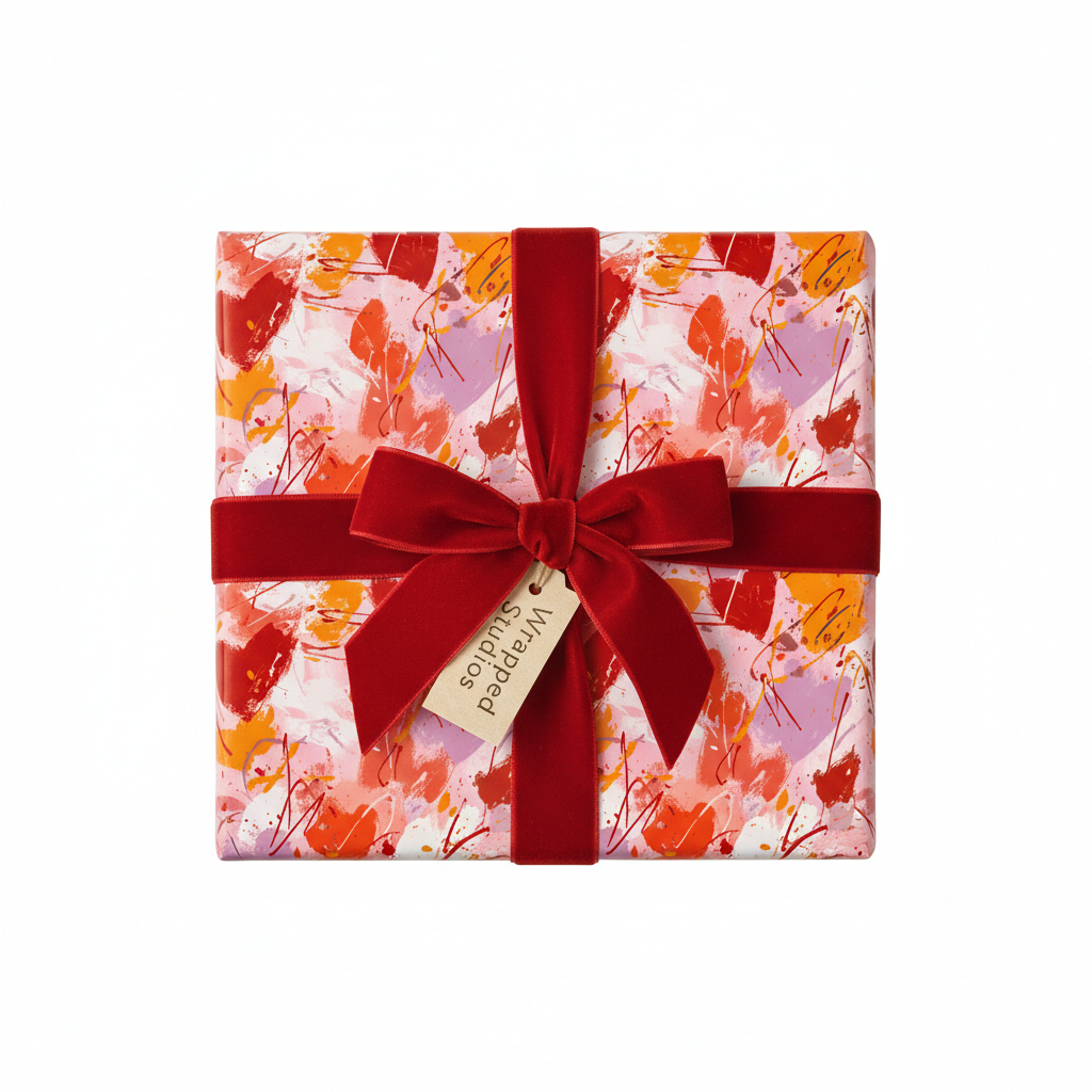 Abstract paint stroke wrapping paper in pink, orange, and red with a luxurious velvet red ribbon and gift tag, perfect for any celebration.