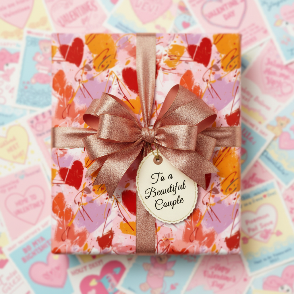 Abstract heart-patterned gift wrap with a peach ribbon and a "To a Beautiful Couple" tag, ideal for Valentine's Day or anniversaries.
