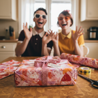Abstract pink and orange watercolor wrapping paper on a table with a glittery pink ribbon, scissors, and a couple celebrating in the background.