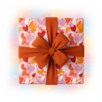 Vibrant modern art hearts wrapping paper with abstract paint splatters and a burnt orange ribbon, perfect for birthday or Valentine's Day gifts.