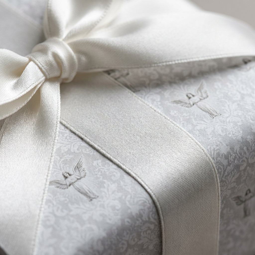 Elegant silver angel wrapping paper with cream satin ribbon by Wrapped Studios, perfect for holiday gifts.