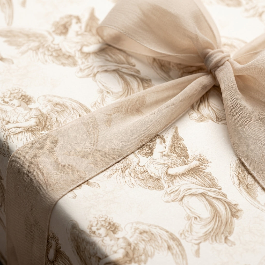 Vintage angel Christmas wrapping paper with a sheer beige bow, luxury holiday gift wrap by Wrapped Studios.