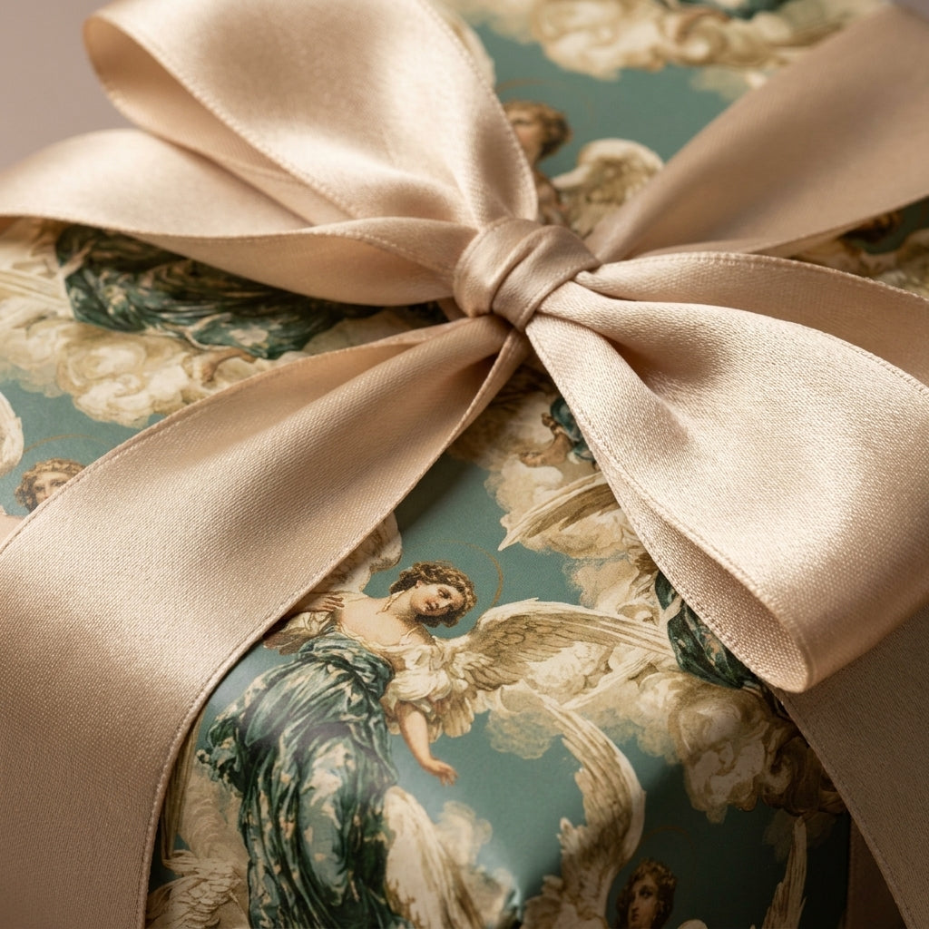 Vintage angel Christmas wrapping paper in sage green with a luxury champagne satin bow by Wrapped Studios.