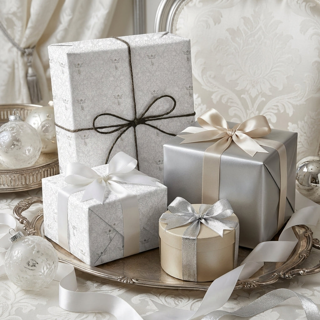 Luxury Christmas wrapping paper in elegant silver and white angel patterns on gift boxes by Wrapped Studios.