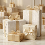 Luxury Christmas wrapping paper with elegant gold angel patterns and bows by Wrapped Studios.