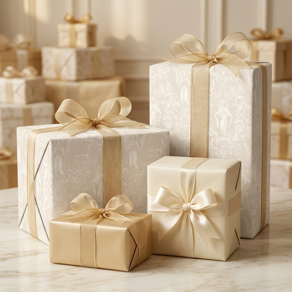 Luxury Christmas wrapping paper with elegant gold angel patterns and bows by Wrapped Studios.