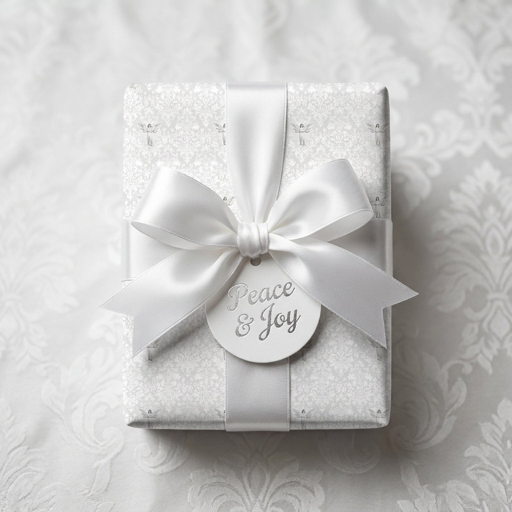 Elegant white and silver Christmas wrapping paper with a satin bow, by Wrapped Studios.