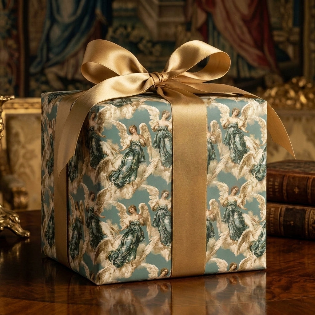 Luxury vintage angel Christmas wrapping paper with gold satin ribbon by Wrapped Studios.
