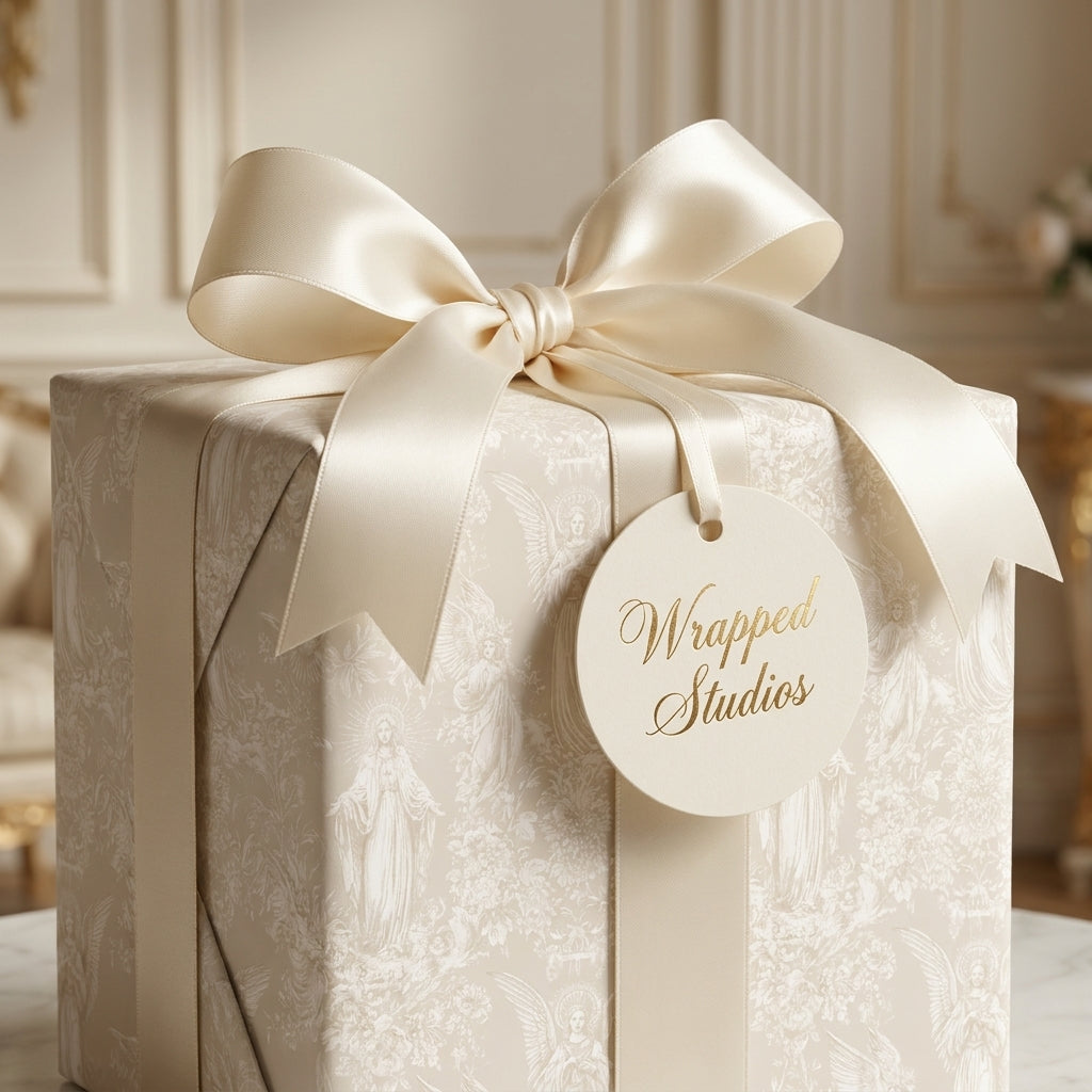 Luxury religious wrapping paper with vintage angel pattern, cream satin bow, and Wrapped Studios gift tag.
