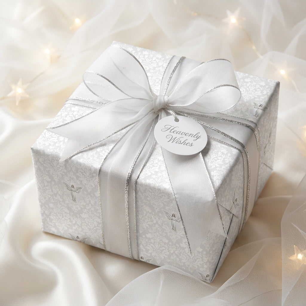 Elegant white angel wrapping paper with silver ribbon on a luxury holiday gift by Wrapped Studios.