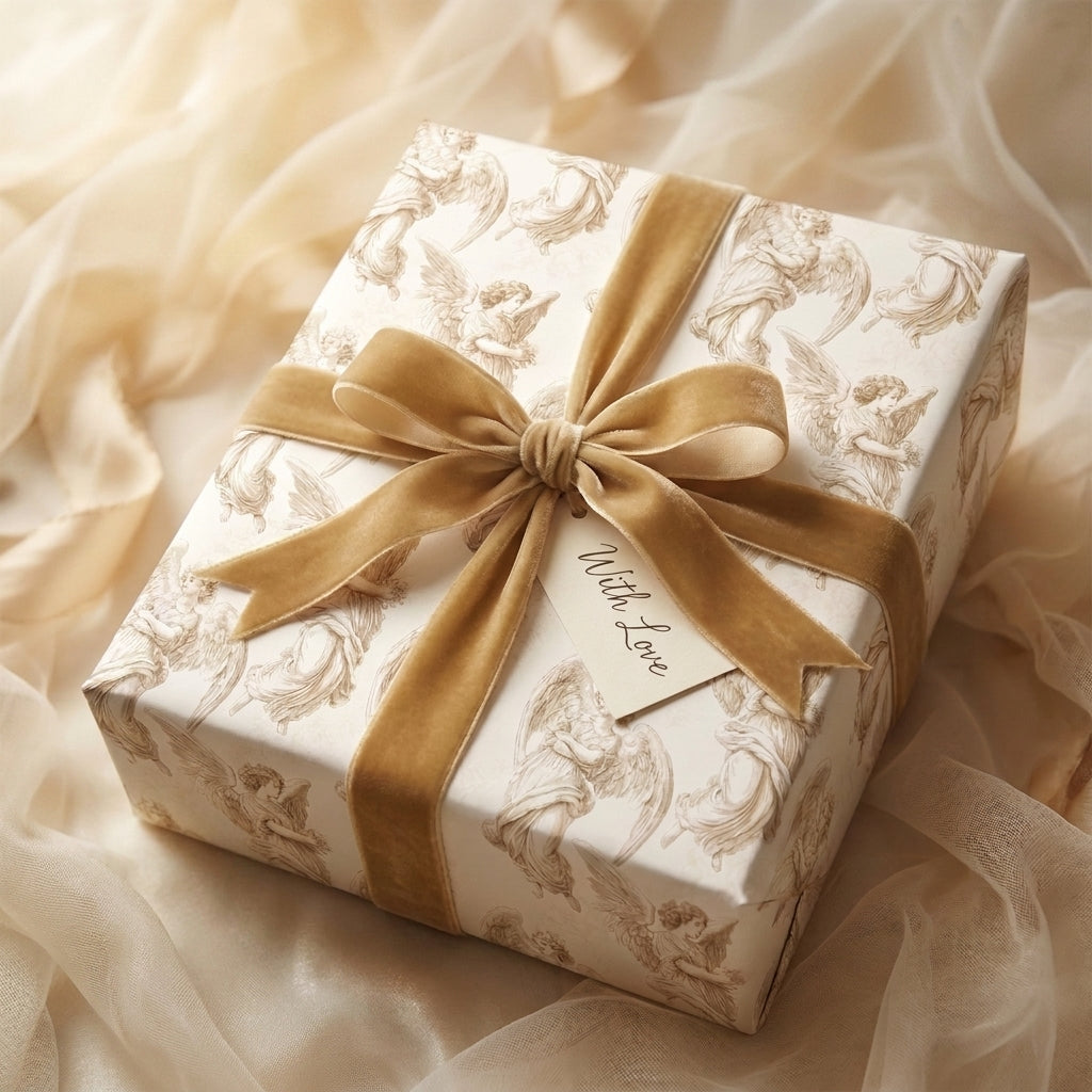 Vintage angel wrapping paper with a gold velvet ribbon, luxury holiday gift wrap by Wrapped Studios.