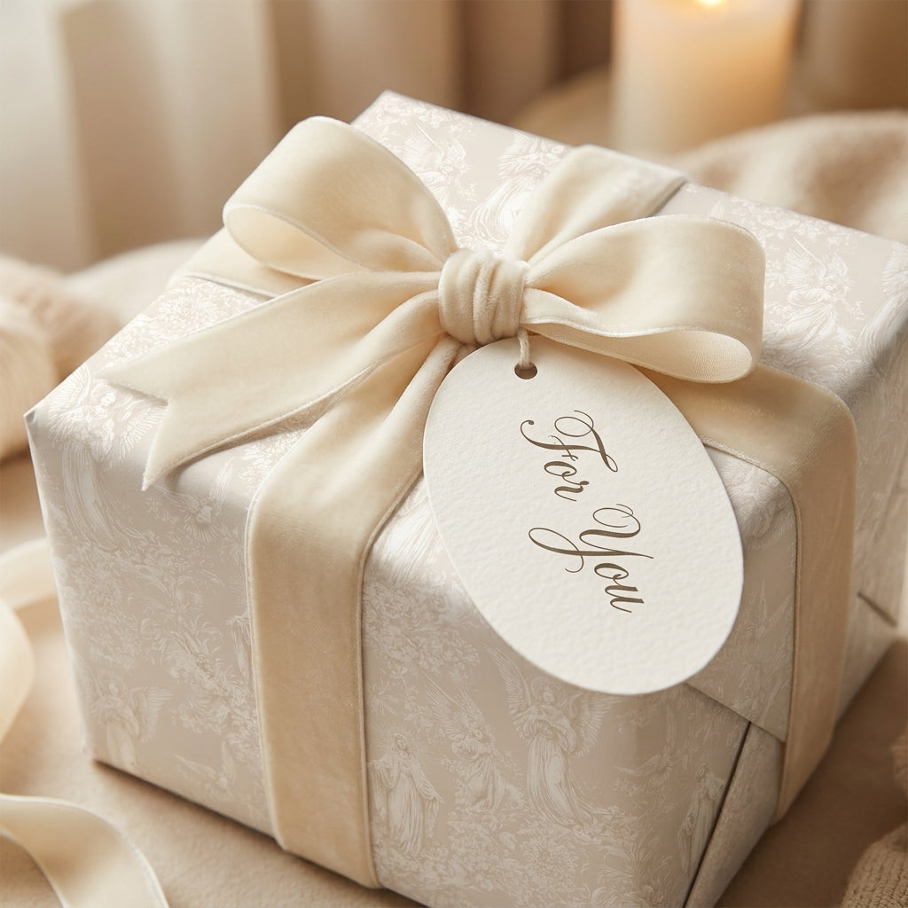Vintage angel holiday wrapping paper with luxury cream velvet ribbon and gift tag by Wrapped Studios.