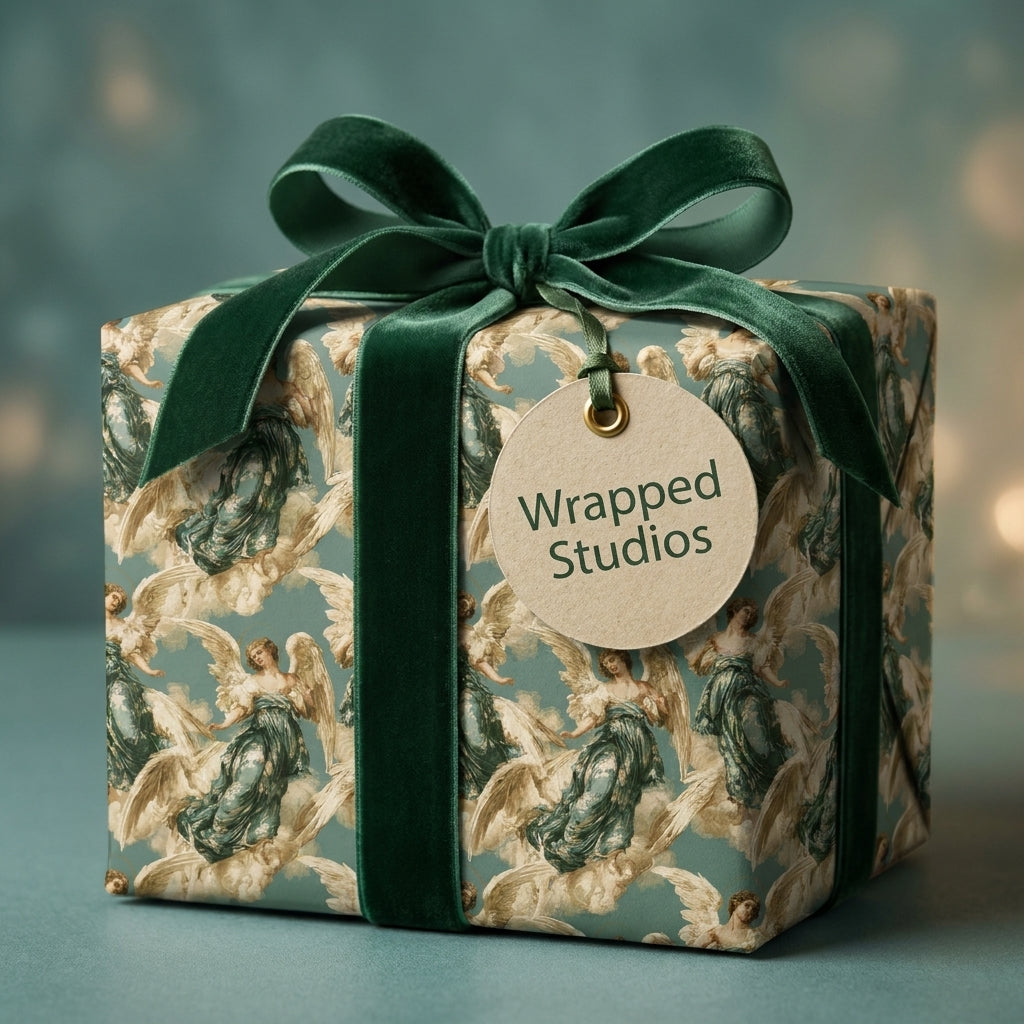Vintage angel Christmas wrapping paper with a green velvet bow by Wrapped Studios.