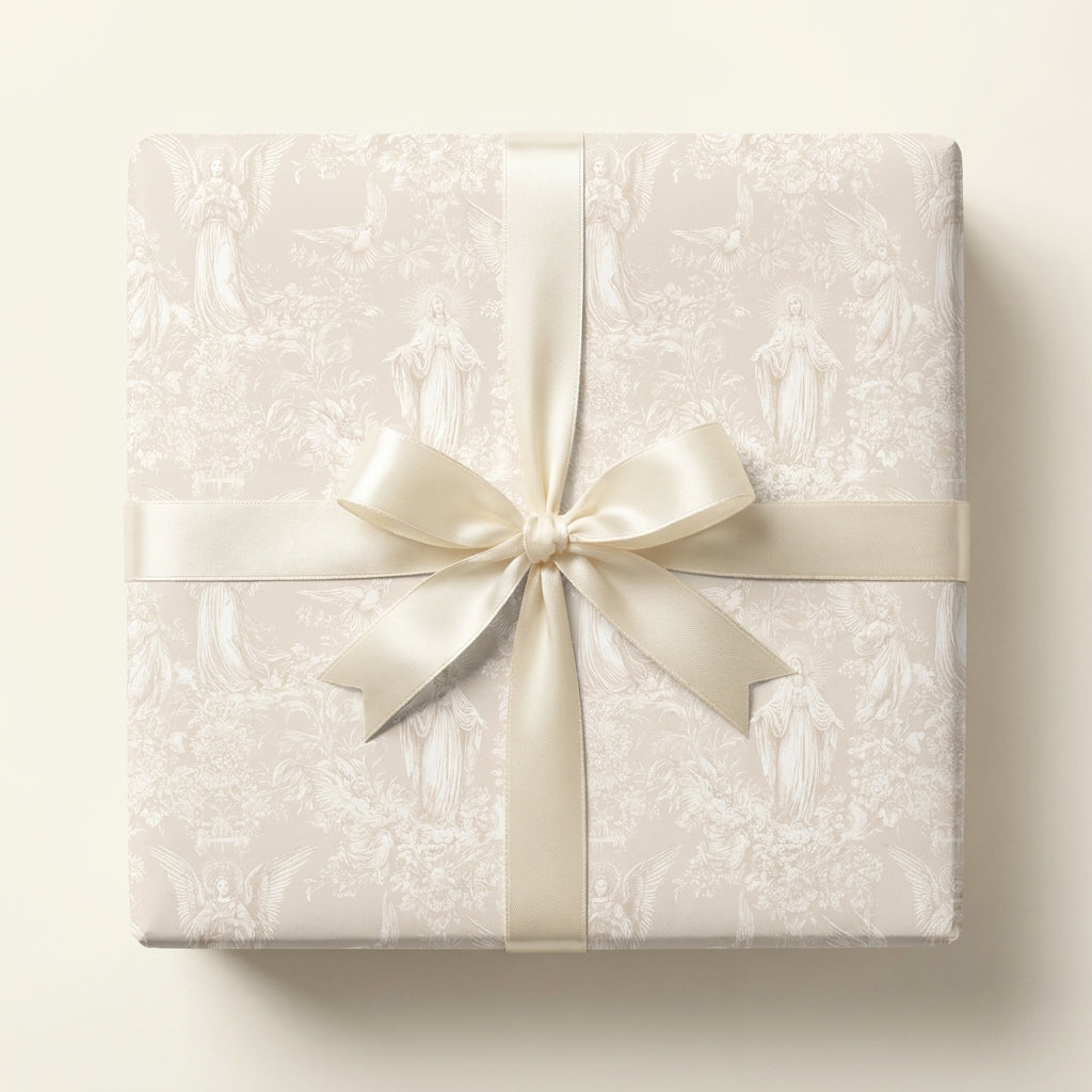 Vintage religious wrapping paper featuring angels in cream with a satin bow by Wrapped Studios.