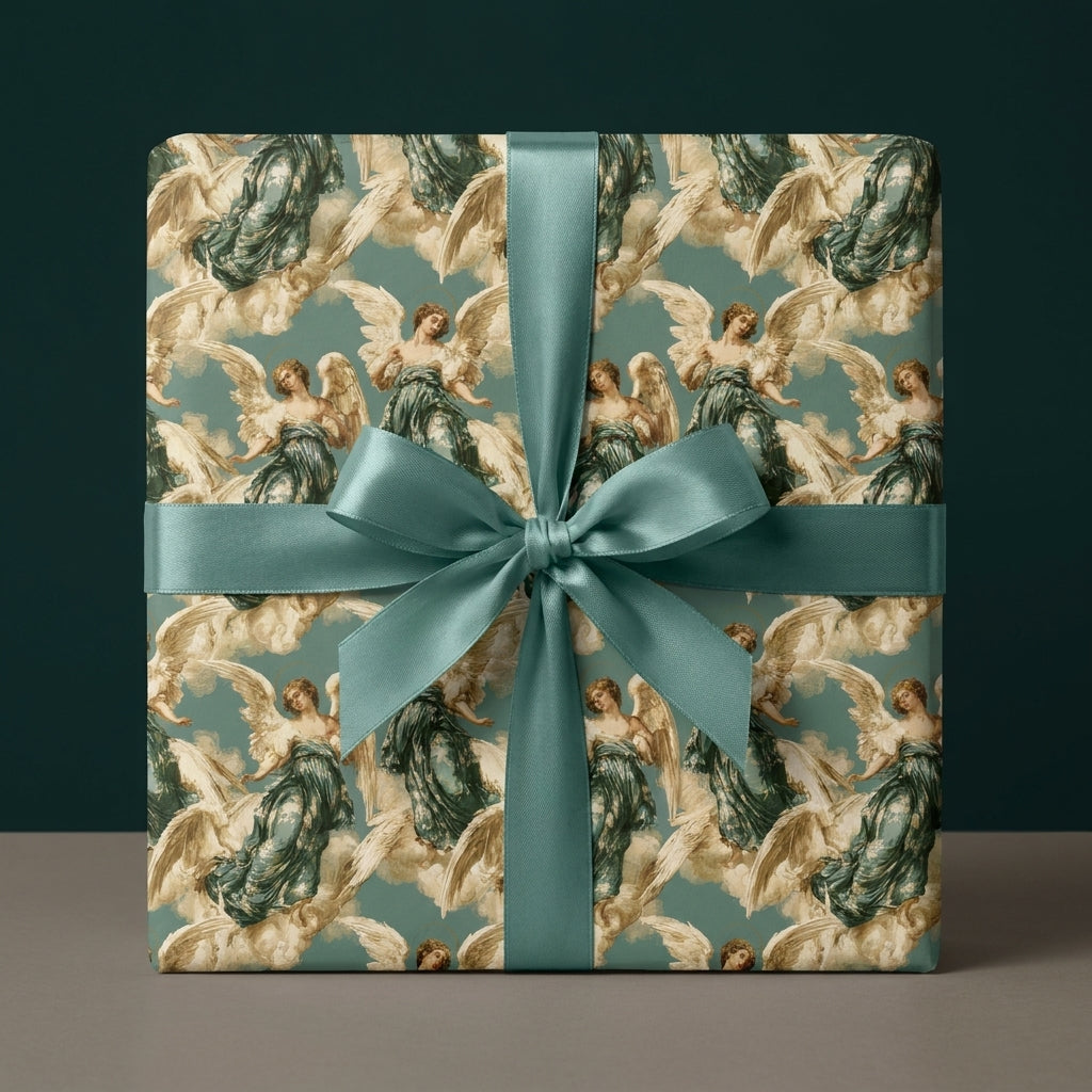 Vintage angel luxury gift wrap in teal and gold with satin ribbon by Wrapped Studios.