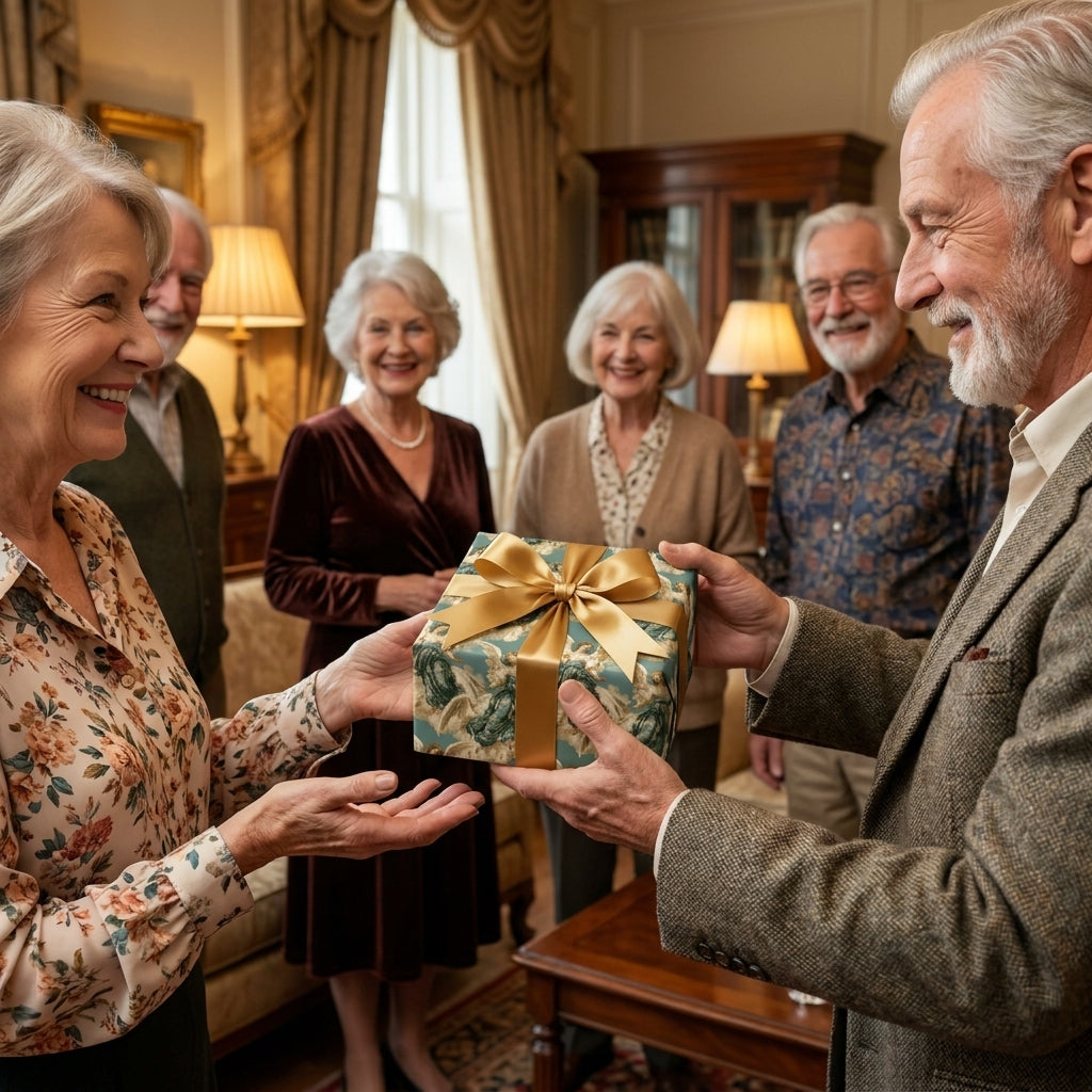 Senior man gifting luxury floral wrapping paper with gold bow, by Wrapped Studios.