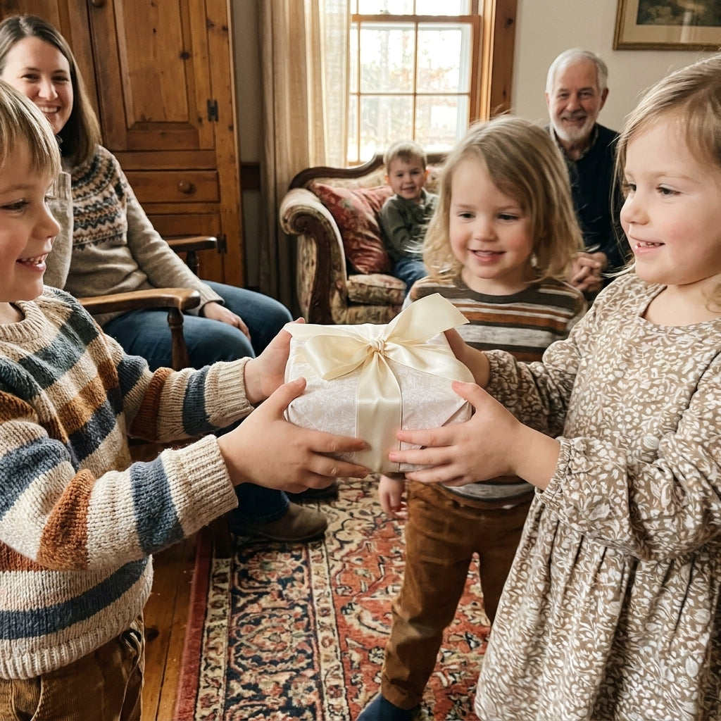 Children exchanging a gift in elegant floral wrapping paper with satin ribbon by Wrapped Studios.
