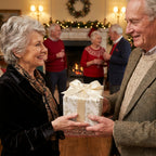Senior couple exchanging gift in elegant angel Christmas wrapping paper. Wrapped Studios.