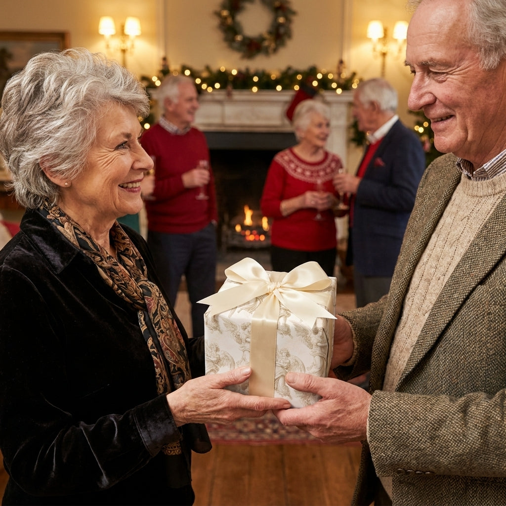 Senior couple exchanging gift in elegant angel Christmas wrapping paper. Wrapped Studios.