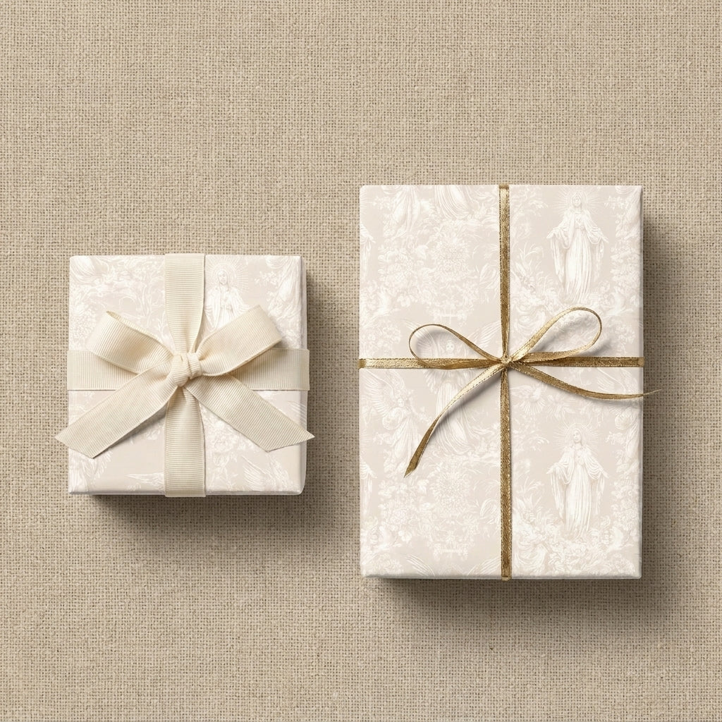 Elegant vintage religious wrapping paper with gold and cream ribbons by Wrapped Studios.