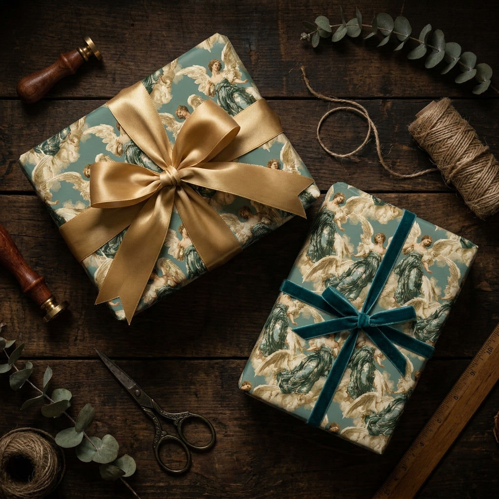 Luxury vintage angel Christmas gift wrap with gold and velvet ribbons. Wrapped Studios.