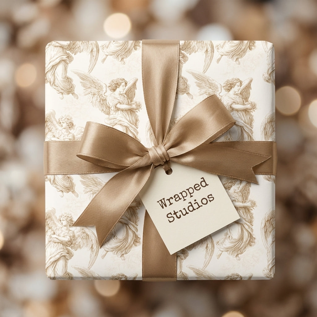 Vintage angel Christmas gift wrap with a luxury gold satin bow, by Wrapped Studios.
