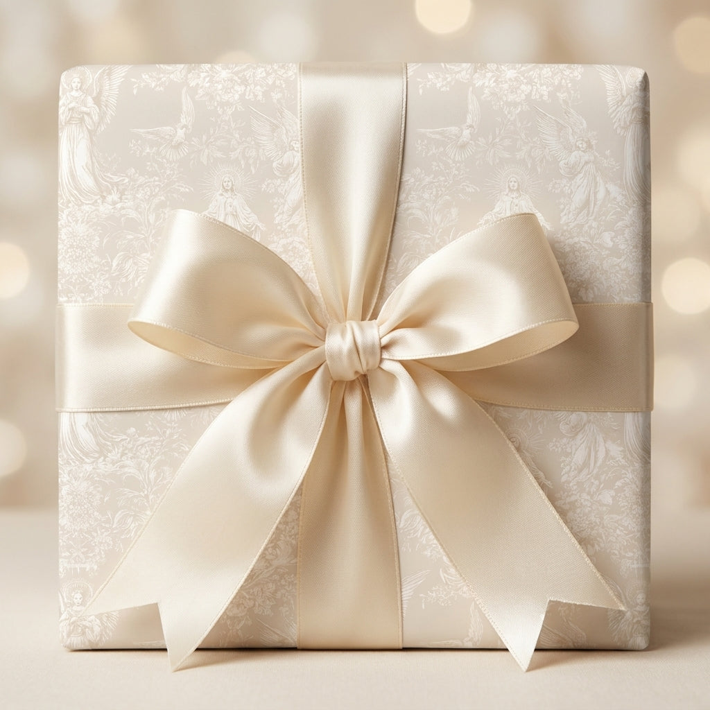 Elegant cream religious gift wrap with vintage angel pattern and satin bow by Wrapped Studios.